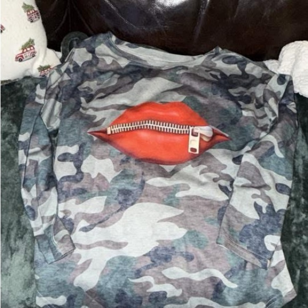 Camouflage Long Sleeve Top with Red Lips Design